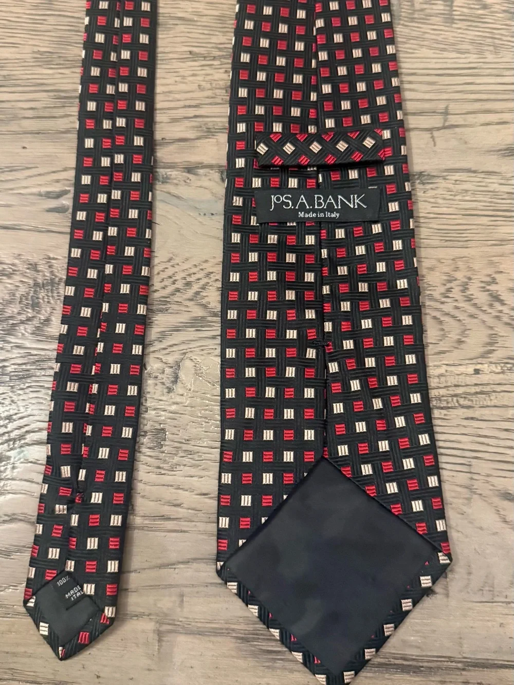 Jos. A. Bank Black Tie with Red and Cream Square Pattern